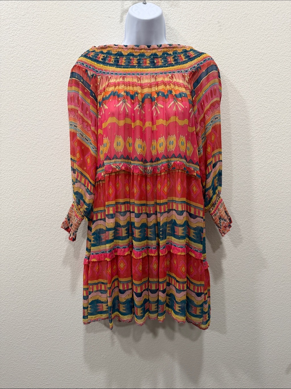 CHUFY -Tiered Long-Sleeve Printed Dress in Pink Multi Size XS